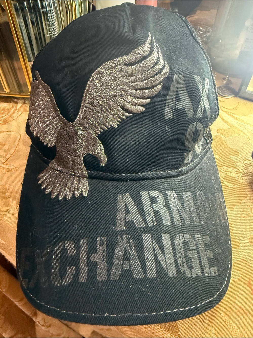 Armani Exchange Black Cap with Metallic Silver Eagle Embroidery